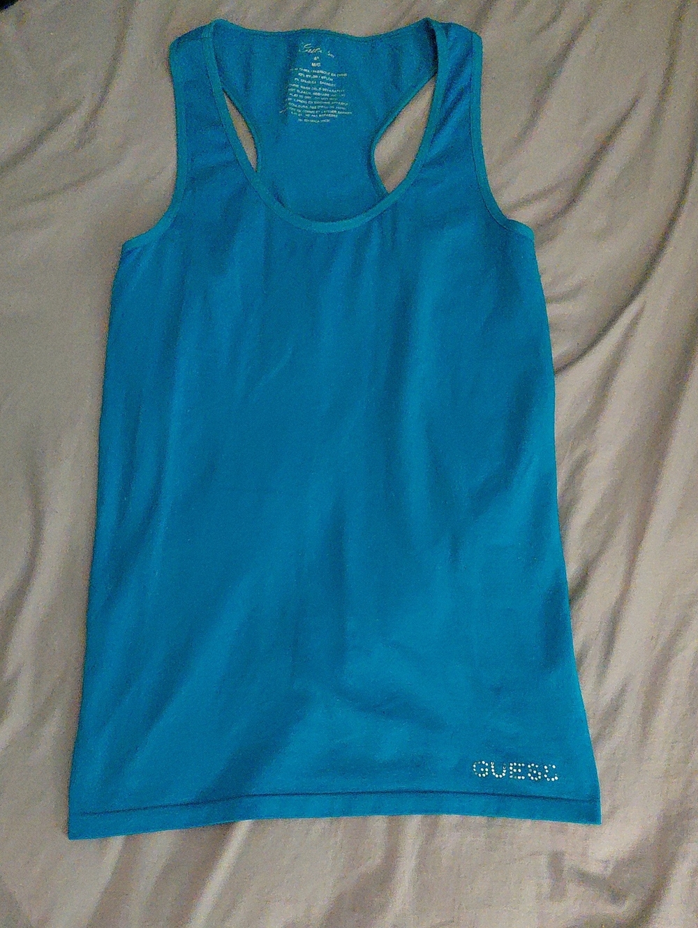 Guess Teal Blue Rhinestone Logo Racerback Nylon & Spandex Tank